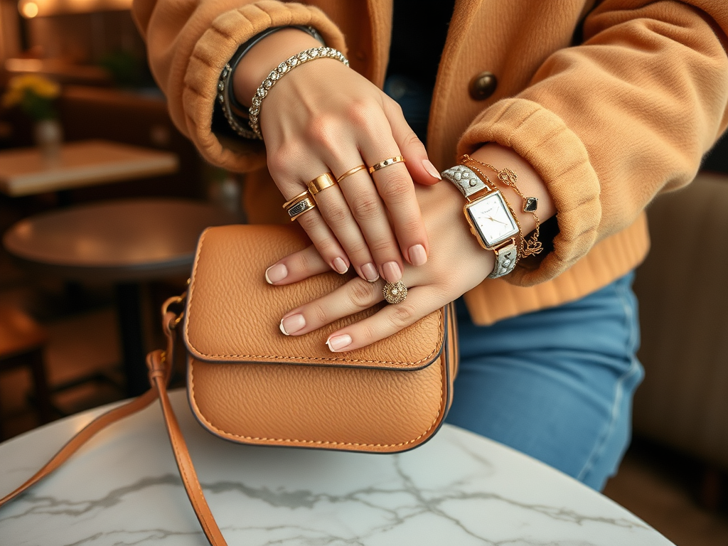 Une main élégante portant des bagues et bracelets, posée sur un petit sac en cuir, sur une table en marbre.