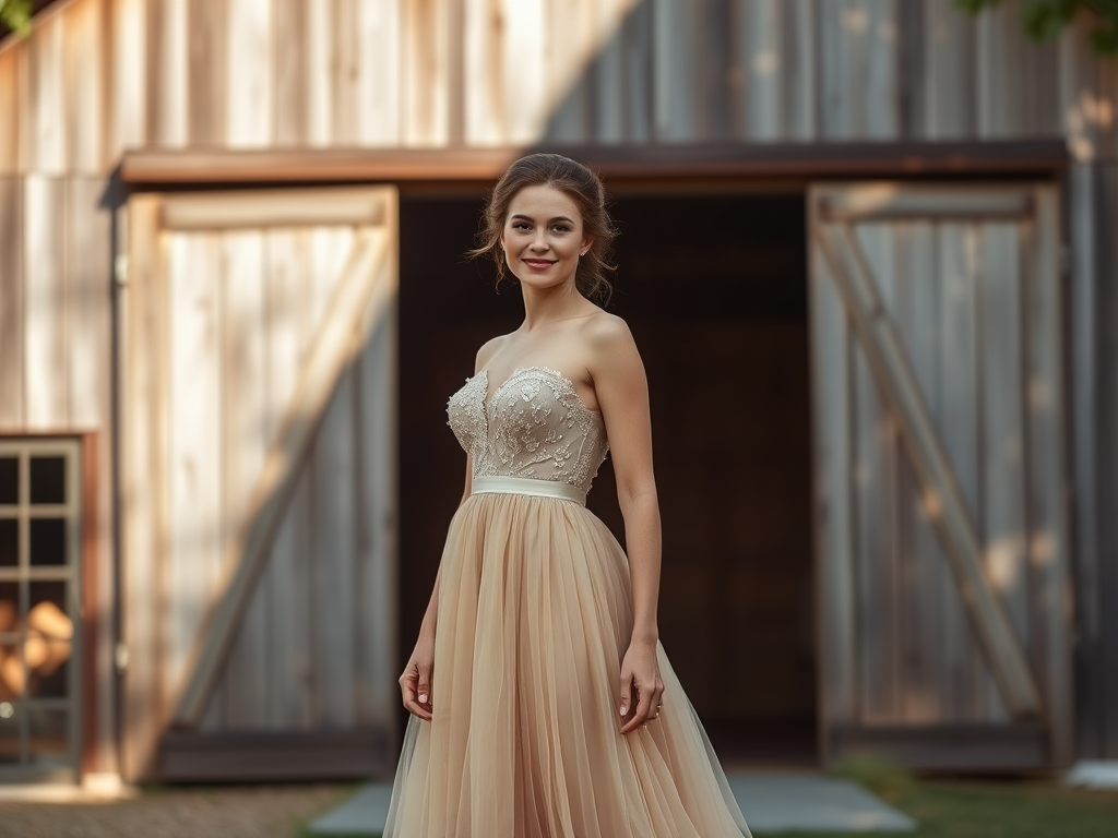 Femme souriante en robe élégante, devant un abri en bois, dans une ambiance champêtre.