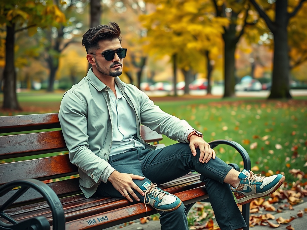 Un homme élégant avec des lunettes de soleil assis sur un banc, entouré de feuilles d'automne.