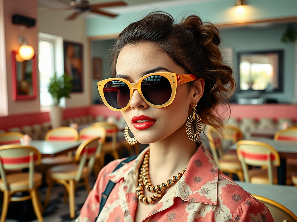 Une femme élégante avec des lunettes de soleil jaunes et des boucles d'oreilles en boucle, dans un café coloré.