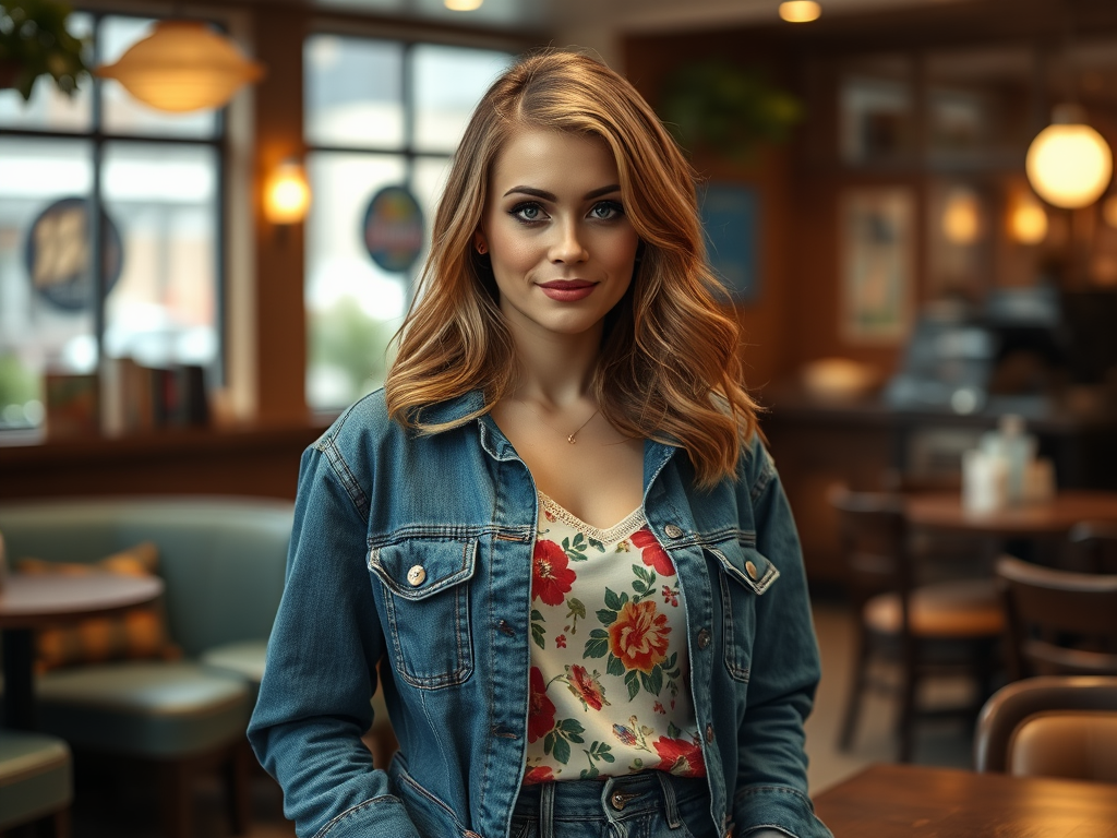 Une jeune femme souriante porte une veste en jean et un haut fleuri dans un café lumineux.