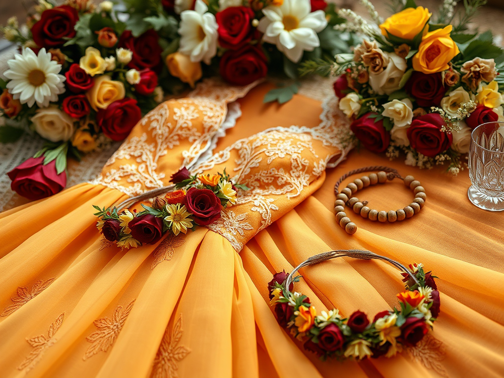 Une robe orange ornée, accompagnée de couronnes de fleurs et de bouquets, sur une surface en tissu doux.