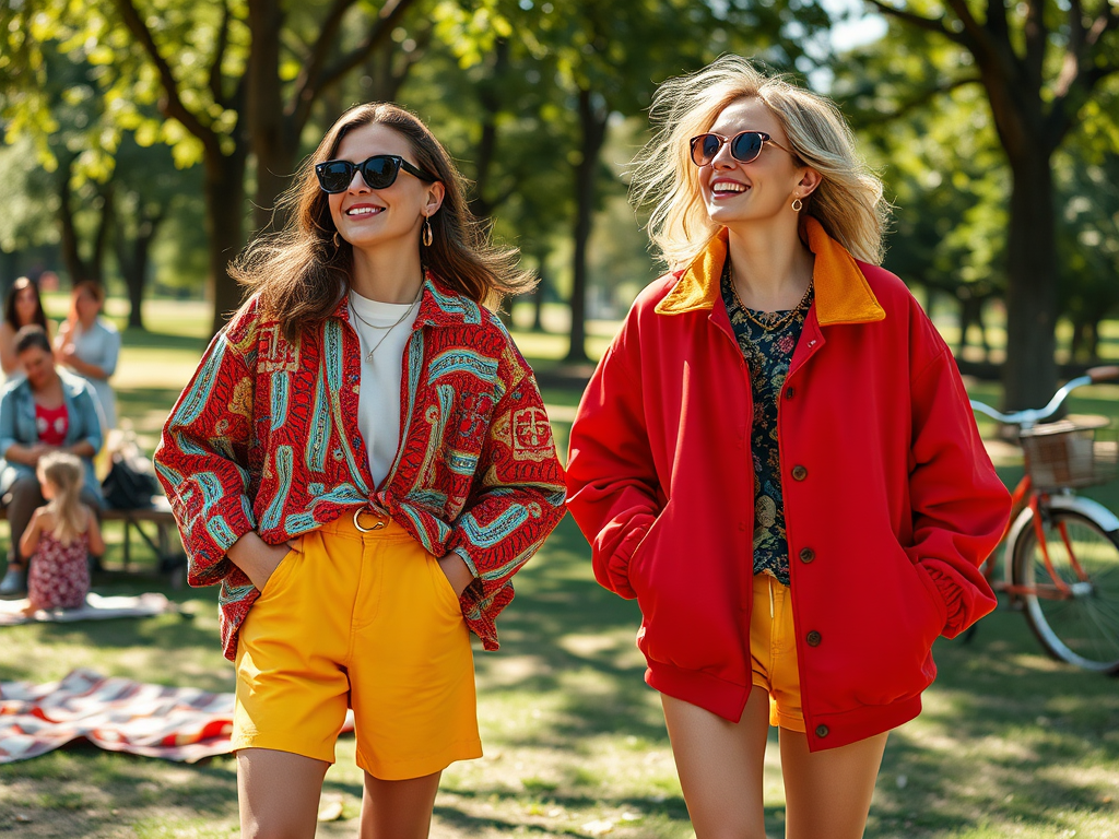 Deux femmes souriantes en mode décontracté, portant des lunettes de soleil, dans un parc ensoleillé.