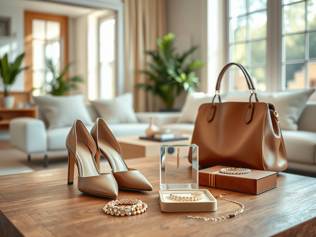 Chaussures à talons, bijoux et sac élégant sur une table en bois dans un salon lumineux et moderne.