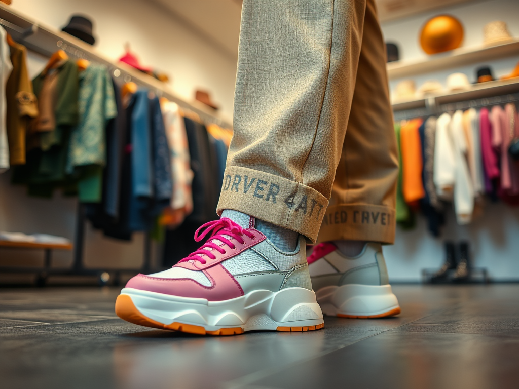 Une paire de baskets blanches et roses portées avec un pantalon à la mode dans un magasin de vêtements.