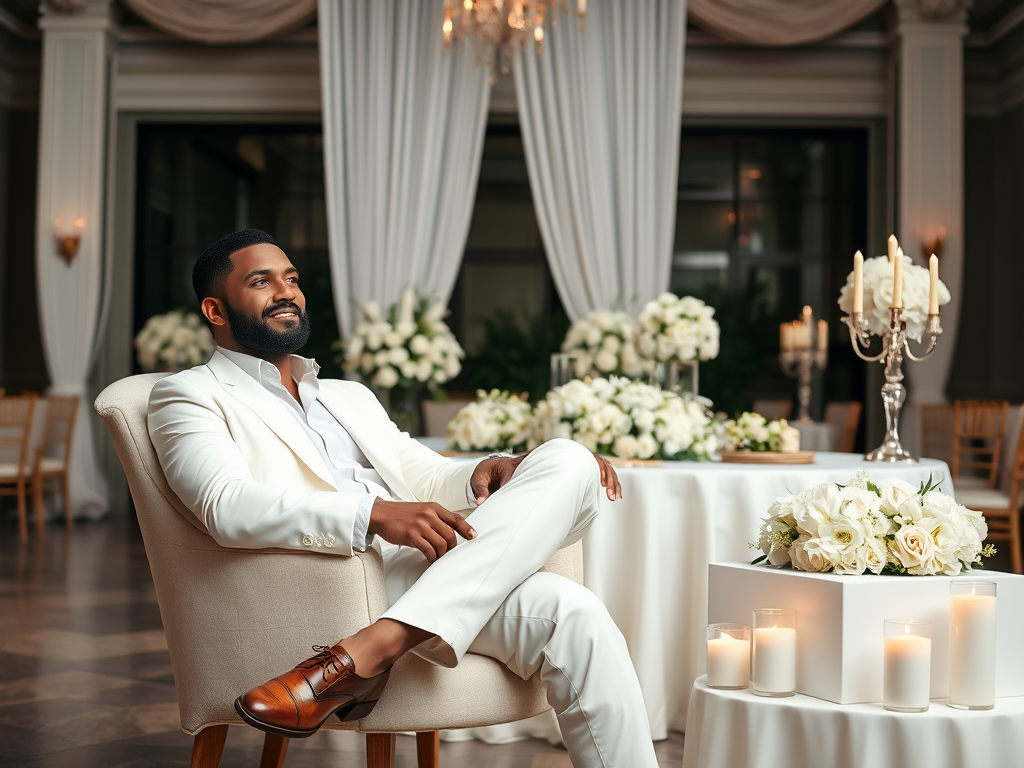 Un homme souriant en costume blanc assis dans une salle élégante, entouré de fleurs blanches et de bougies.