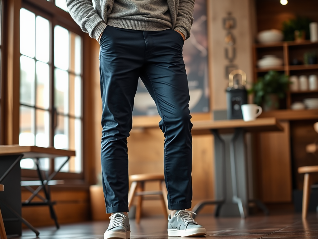 Un homme debout dans un café, portant un pull gris et un pantalon bleu, avec des baskets grises. Ambiance chaleureuse.