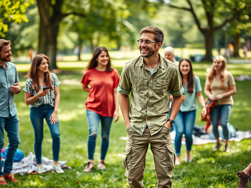 Un groupe d'amis souriants dans un parc, profitant d'un moment ensemble en plein air.