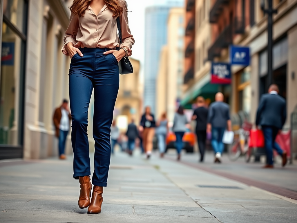 Femme élégante en blouse claire et pantalon bleu, marchant dans une rue animée entourée de passants.