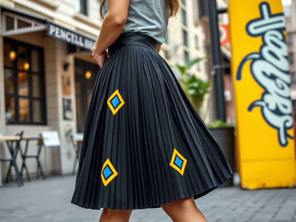 Une jupe plissée noire avec des motifs en losange jaune et bleu, photographiée dans une rue animée.