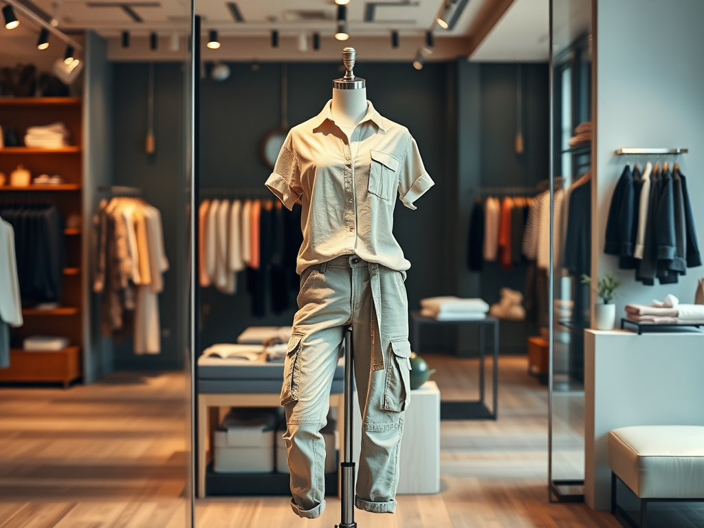 Un mannequin en magasin porte une tenue décontractée beige, avec des poches, sur fond de vêtements accrochés.