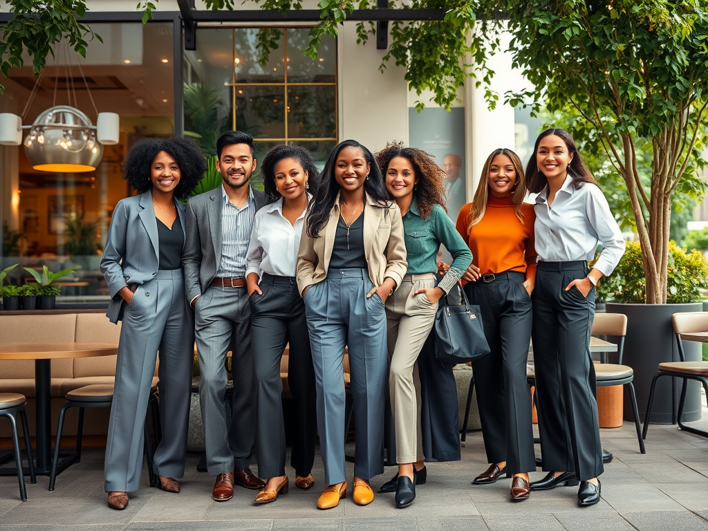 Un groupe diversifié de sept professionnels souriants, bien habillés, posant ensemble dans un café élégant.