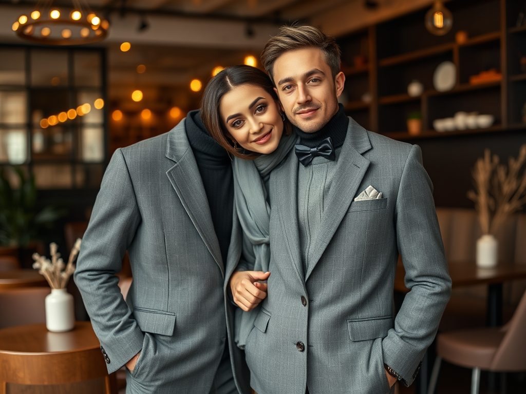 Un couple élégant dans des costumes gris, souriant dans un café moderne avec un fond chaleureux.